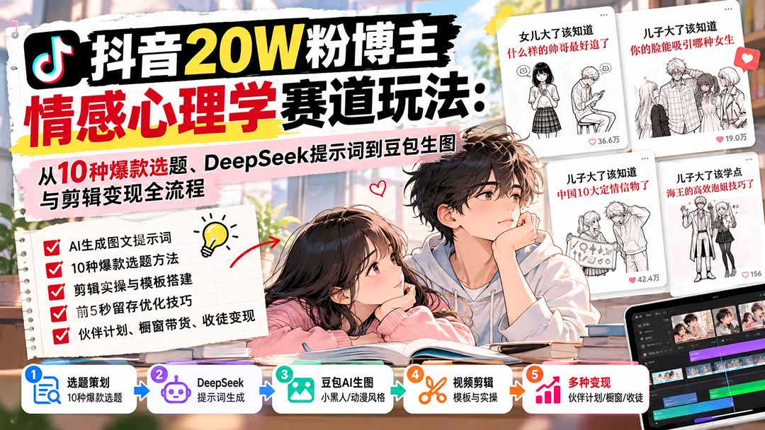 抖音20W粉博主-情感心理学赛道玩法：从10种爆款选题、DeepSeek提示词到豆包生图与剪辑变现全流程-weichuangqy