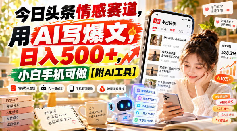 今日头条情感赛道，用AI写爆文，日入500+，小白手机可做【附AI工具】-weichuangqy