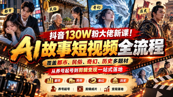抖音130W粉大佬新课！AI故事短视频全流程，覆盖都市、民俗、奇幻、历史多题材，从养号起号到剪辑变现一站式落地-weichuangqy