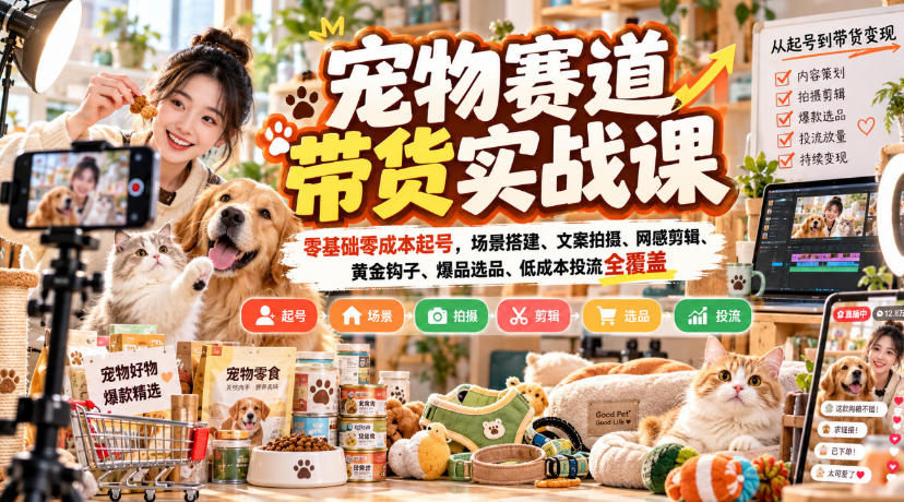 宠物赛道带货实战课，零基础零成本起号，场景搭建、文案拍摄、网感剪辑、黄金钩子、爆品选品、低成本投流全覆盖-weichuangqy
