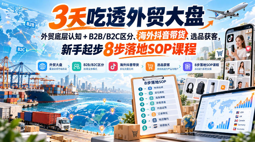3天吃透外贸大盘，外贸底层认知+B2B/B2C区分、海外抖音带货、选品获客，新手起步8步落地SOP课程-weichuangqy
