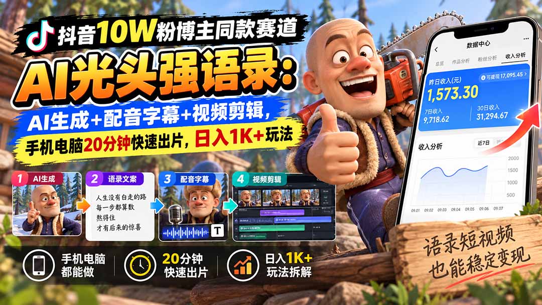 【无水印】抖音10W粉博主同款赛道AI光头强语录：AI生成+配音字幕+视频剪辑，手机电脑20分钟快速出片，日入1K+玩法-weichuangqy