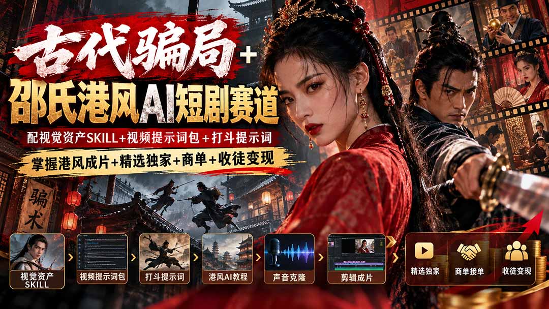 古代骗局+邵氏港风AI短剧赛道：配视觉资产SKILL+视频提示词包+打斗提示词，掌握港风成片+精选独家+商单+收徒变现-weichuangqy