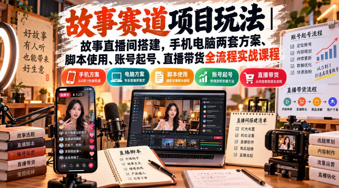 故事赛道项目玩法｜故事直播间搭建，手机电脑两套方案、脚本使用、账号起号、直播带货全流程实战课程-weichuangqy