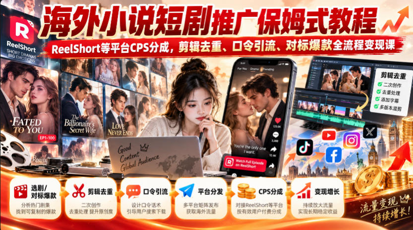 海外小说短剧推广保姆式教程｜ReelShort等平台CPS分成，剪辑去重、口令引流、对标爆款全流程变现课-weichuangqy