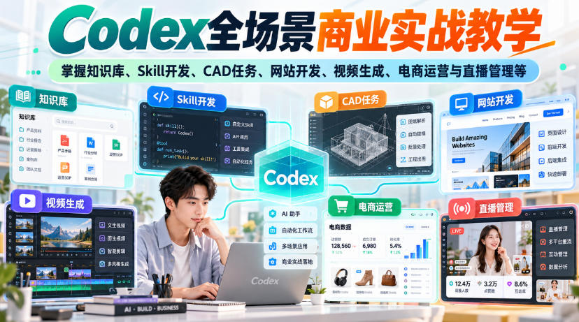 【无水印】Codex全场景商业实战教学，掌握知识库、Skill开发、CAD任务、网站开发、视频生成、电商运营与直播管理等-weichuangqy