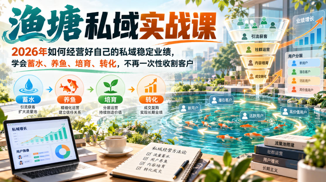 渔塘私域实战课，2026年如何经营好自己的私域稳定业绩，学会蓄水、养鱼、培育、转化，不再一次性收割客户-weichuangqy