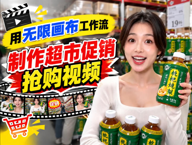 无限画布超市促销抢购视频工作流，一键产出TikTok抖音带货短视频-weichuangqy