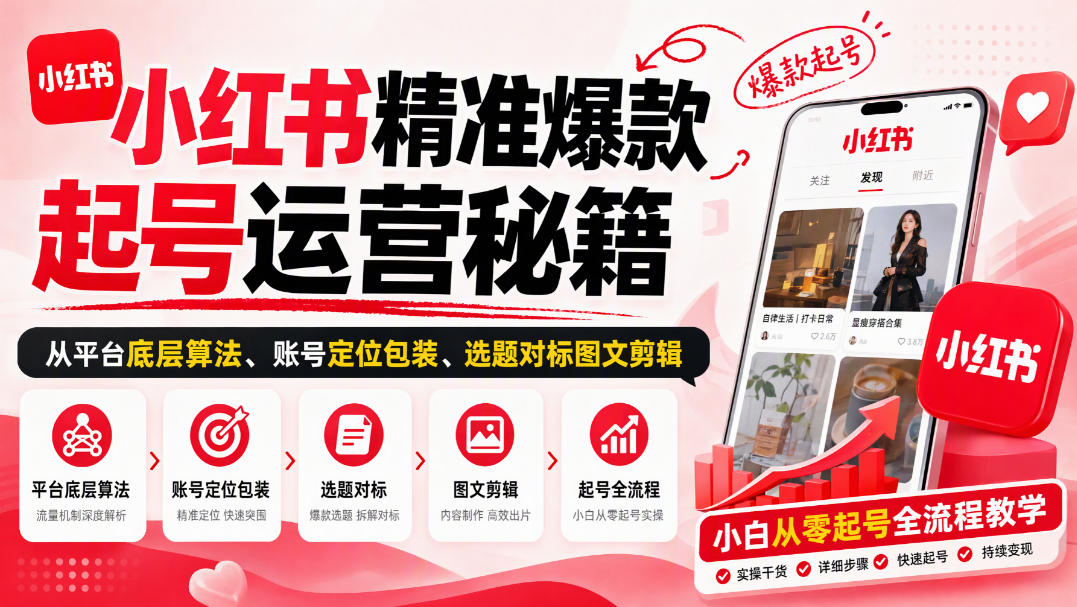 小红书精准爆款起号运营秘籍，从平台底层算法、账号定位包装、选题对标图文剪辑，小白从零起号全流程-weichuangqy