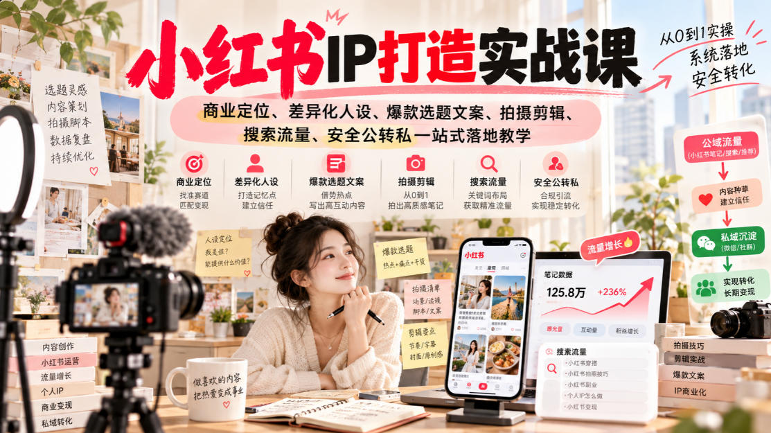 小红书ip打造实战课，商业定位、差异化人设、爆款选题文案、拍摄剪辑、搜索流量、安全公转私一站式落地教学-weichuangqy