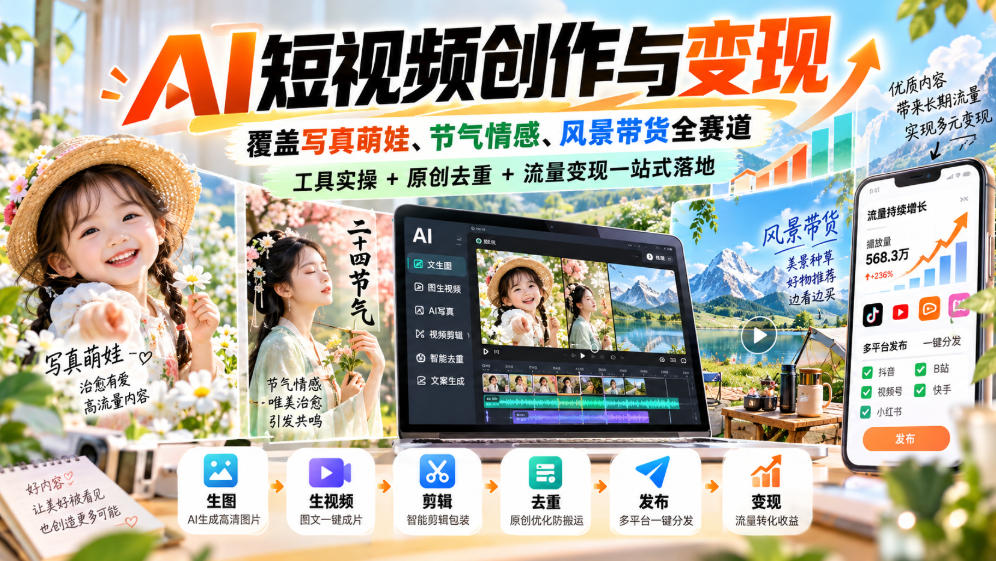 AI短视频创作与变现，覆盖写真萌娃、节气情感、风景带货全赛道，工具实操+原创去重+流量变现一站式落地-weichuangqy
