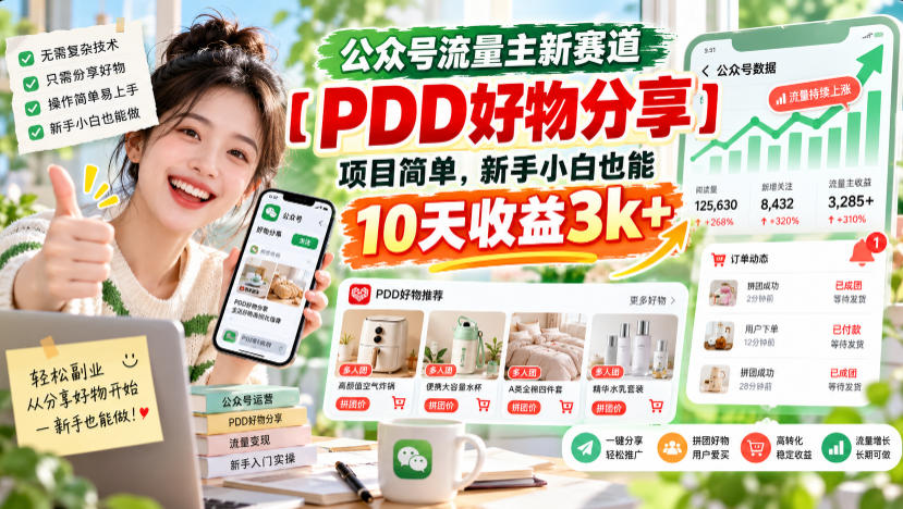 公众号流量主新赛道【PDD好物分享】，项目简单，新手小白也能10天收益3k+-weichuangqy