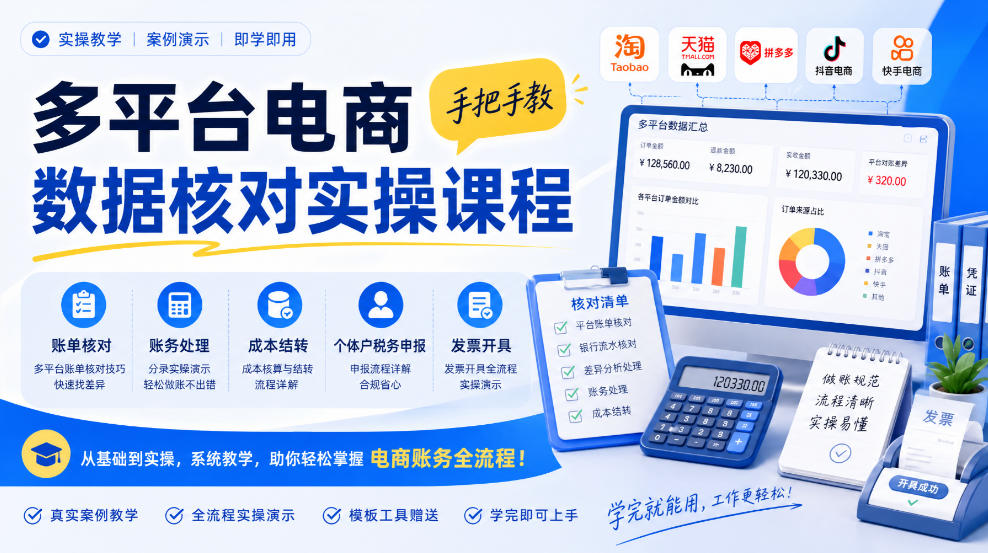 多平台电商数据核对实操课程，手把手教账单核对、账务处理、成本结转、个体户税务申报与发票开具-weichuangqy
