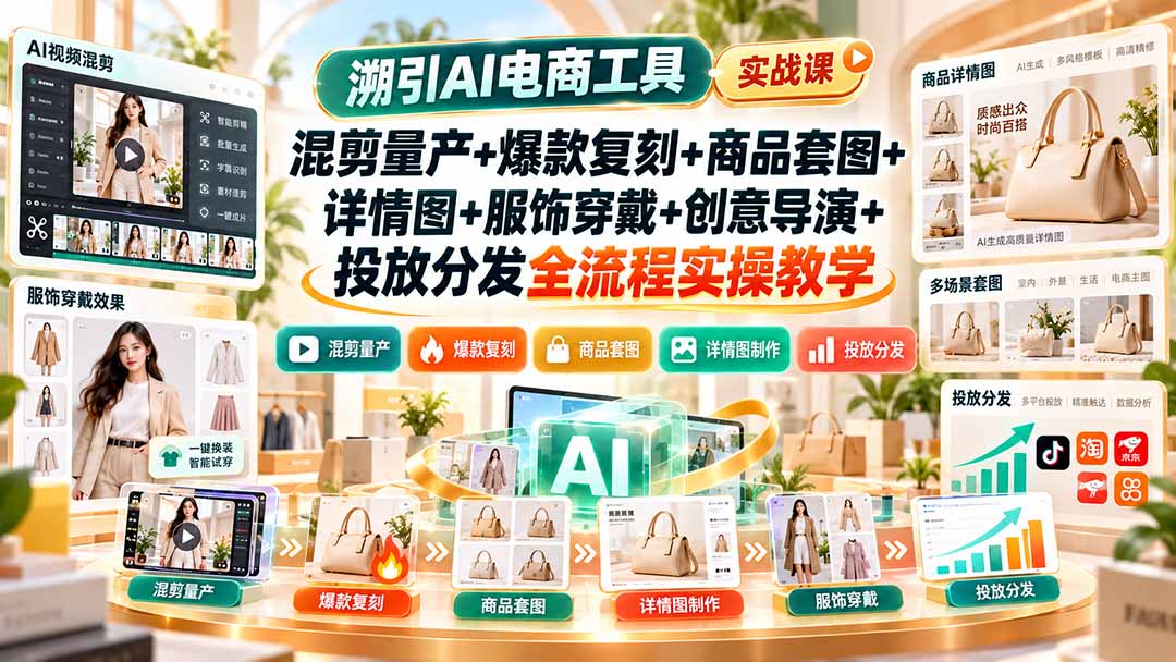 溯引AI电商工具实战课：混剪量产+爆款复刻+商品套图+详情图+服饰穿戴+创意导演+投放分发全流程实操教学-weichuangqy