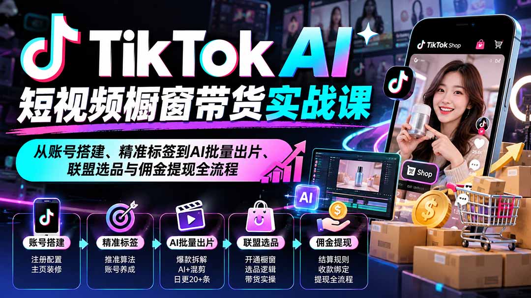 TikTok AI短视频橱窗带货实战课：从账号搭建、精准标签到AI批量出片、联盟选品与佣金提现全流程-weichuangqy