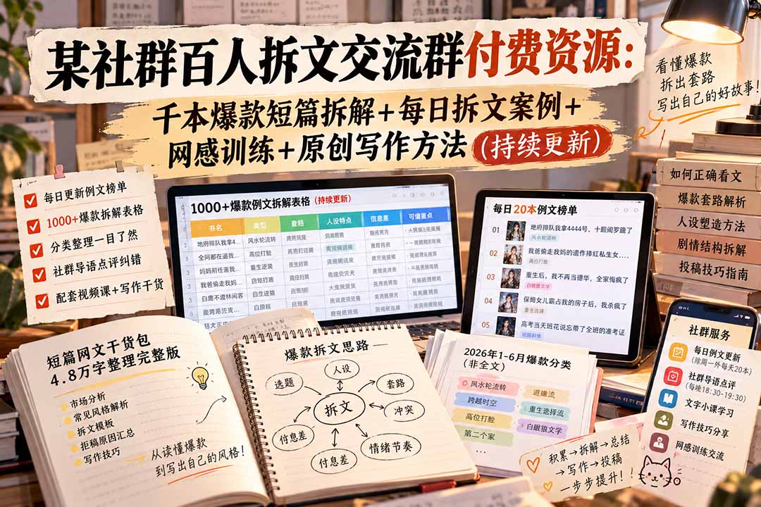 某社群百人拆文交流群付费资源-更新0929：千本爆款短篇拆解+每日拆文案例+网感训练+原创写作方法-weichuangqy